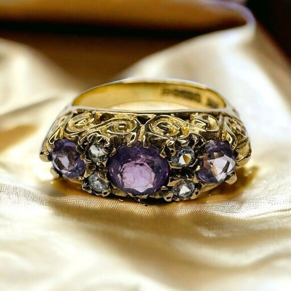 Antique Gold Amethyst Three Stone Ring Sz 5.75 Rose Cut Victorian Filigree 3.8g - Picture 1 of 16